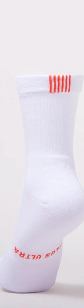 White Plus Ultra socks with a red print logo and six red stripes