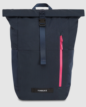 A black Timbuk2 backpack with a red zipper on a white background