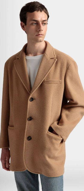 A man wearing a Bally brown overcoat